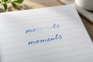 Partially faded blue handwriting above a revised word on ruled paper