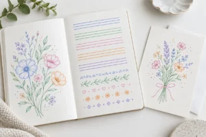 Colourful fine-line floral drawings on a notebook and greeting card