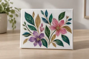 Small canvas with glitter acrylic flowers and leaf motifs