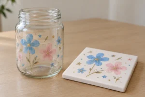 Glass jar and white ceramic tile with blue and pink glitter floral motifs