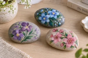 Smooth stones decorated with sparkling acrylic floral motifs