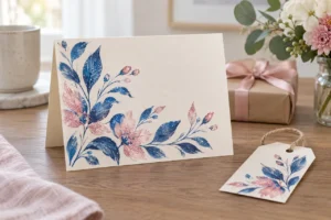 Carte ivoire et étiquette cadeau avec fleurs acryliques pailletées bleues et roses