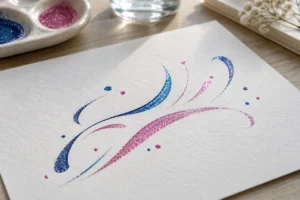 Blue and pink glitter acrylic dots and tapered curved stroke exercises