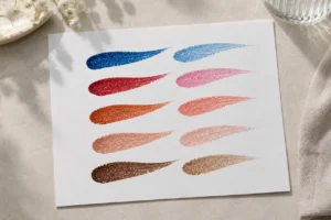 Five pairs of tapered glitter acrylic colour strokes on white paper