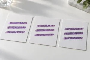 Three separate cards with purple glitter ink lines for visual sample comparison