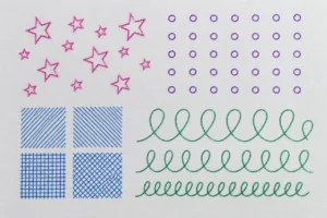 Fine glitter ink stars, circles, hatching and loop exercises on white paper