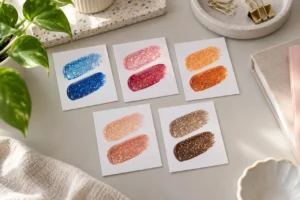 Cinq cartes avec échantillons de couleurs pailletées assortis pour la planification de l'assortiment