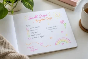 White journal page with bright pink, orange, yellow and green fine ink accents