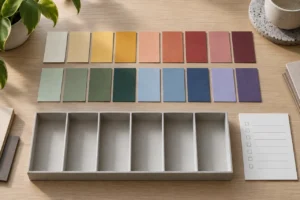 Warm and cool colour cards arranged beside an empty stationery sample tray
