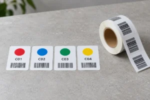 Colour-coded model labels and a roll of barcode stickers