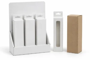 Empty countertop display, hang-tab sleeve and retail cartons for stationery