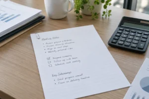 Notes de réunion et cases à cocher à l'encre foncée fine à côté d'une calculatrice