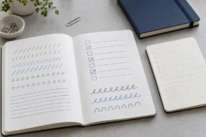Blue and black writing strokes and checkboxes on office notebooks