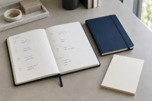 Agenda hebdomadaire avec entrées bleu-noir à côté d'un carnet marine et d'un bloc-notes crème