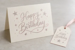 Birthday card and gift tag with silver and pink outlined lettering