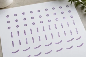 Small silver-centred circles and short strokes with purple outlines