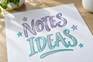 NOTES and IDEAS lettering with silver centres and coloured outlines