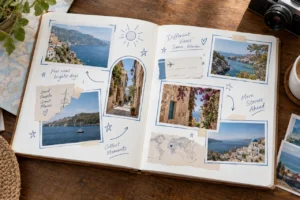 Travel scrapbook with blue frames, stars and handwritten accents