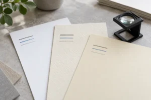 Ink line samples on white, ivory and cream paper beside a magnifier