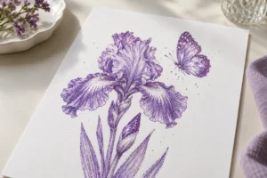 Iris and butterfly illustration drawn in fine purple glitter ink
