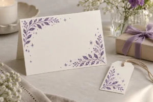 Ivory greeting card and gift tag with purple glitter botanical borders
