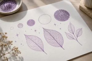 Purple glitter circles, stars and delicate leaf-vein line exercises