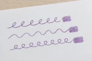Fine purple glitter ink loops, wavy lines and hatching on white paper