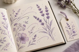 Purple glitter botanical drawings on a journal and gift tag