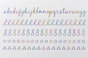 Multicolour fine-line lettering, loops and geometric writing exercises