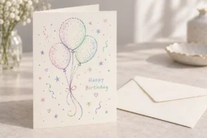 Birthday card with fine multicolour glitter balloon drawings and an envelope