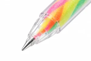 Close-up illustration of a rainbow gel pen metal writing point and clear nose