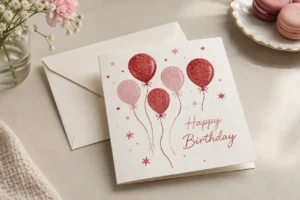 Birthday card with red and pink glitter balloon drawings