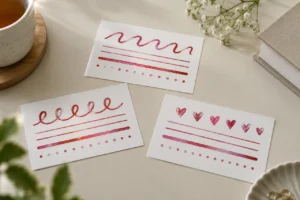 Three sample cards with red and pink glitter ink lines and motifs