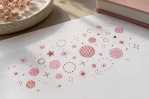 Fine red and pink glitter stars, circles and hatching exercises