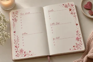Dotted journal with red and pink glitter floral borders and headings