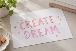 CREATE and DREAM lettering in fine red and pink glitter ink