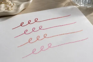 Separate red, rose, coral and pink glitter gel ink loops on white paper