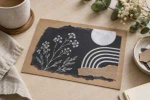 Linee botaniche bianche e accenti geometrici opachi su collage carbone e kraft