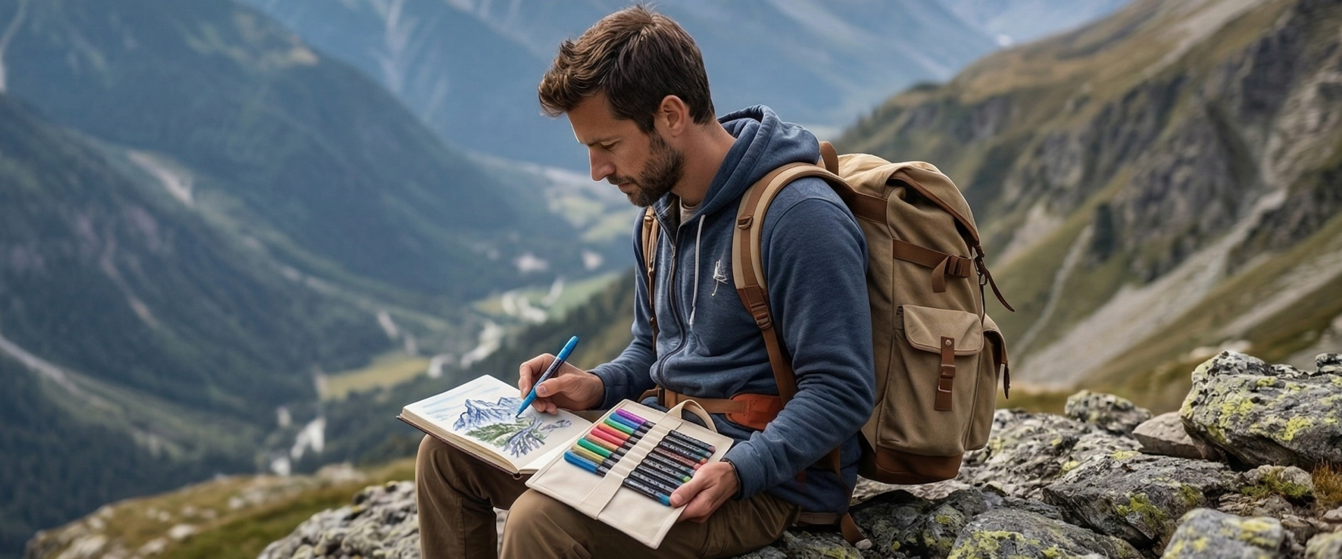 An artist sitting on a rock during outdoor plein air sketching, with the canvas pen bag tied to their backpack and spread open on their lap, using a blue glitter marker.