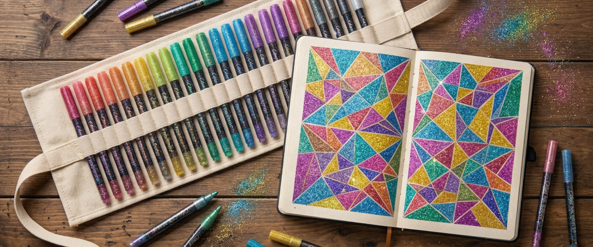 A top-down bird's-eye view of an open canvas pen bag displaying the full 24-color glitter marker set on a rustic wooden table next to an artistic bullet journal.