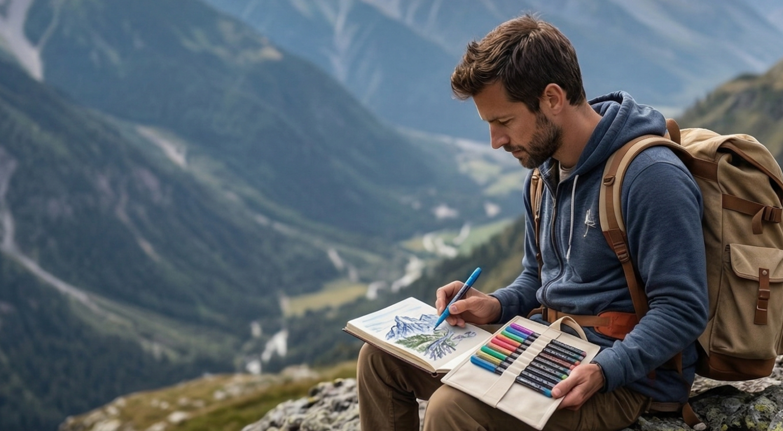 An artist sitting on a rock during outdoor plein air sketching, with the canvas pen bag tied to their backpack and spread open on their lap, using a blue glitter marker.